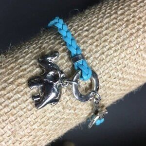 Elephant Charm Bracelet 7 In Silver Turquoise Braided Cord Retro BoHo Exotic